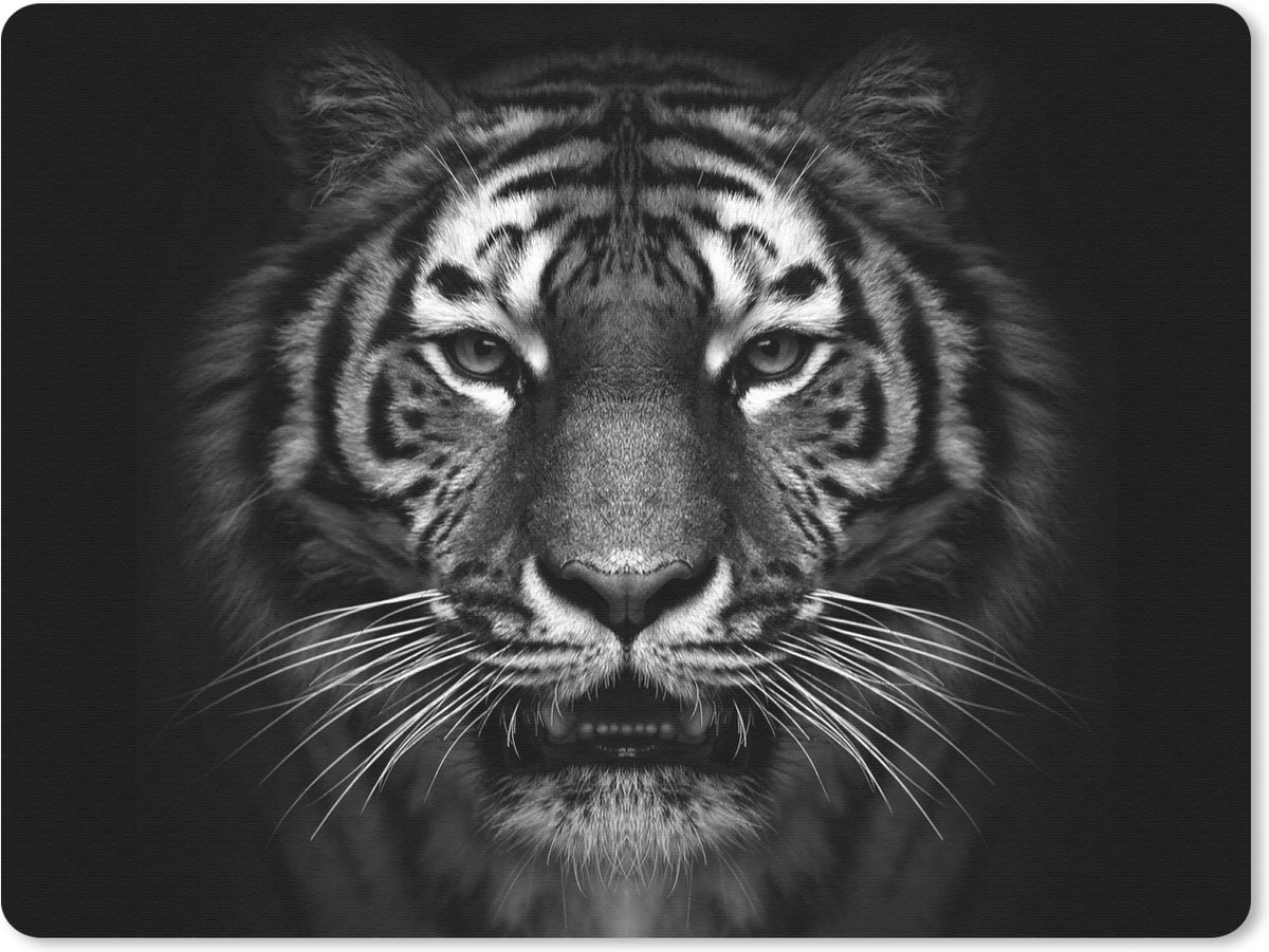 Muismat 23x19 cm - Mousepad Tijger - Dieren - Zwart - Wit - Portret - Wild - Muismatten