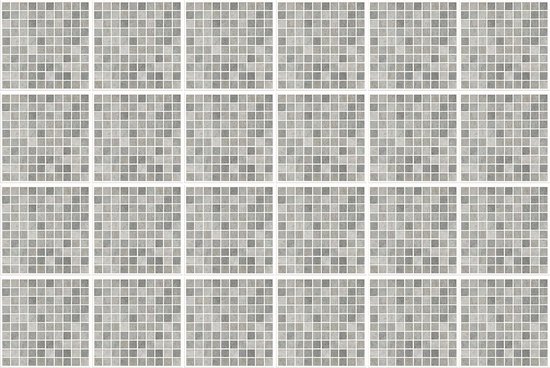 Grijze mozaïektegels met een kalksteeneffect, opgedeeld in 24 vierkante velletjes met witte voeglijnen.