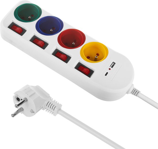 Electraline 62512, 3-Way Power Strip with 2 USB Ports and LED Night Light, Multifunctional, (1.5 m Cable