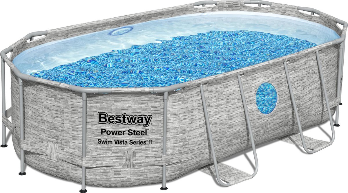 Bestway - Power Steel Swim Vista - Opzetzwembad inclusief filterpomp en accessoires - 427x250x100 cm - Steenprint - Ovaal