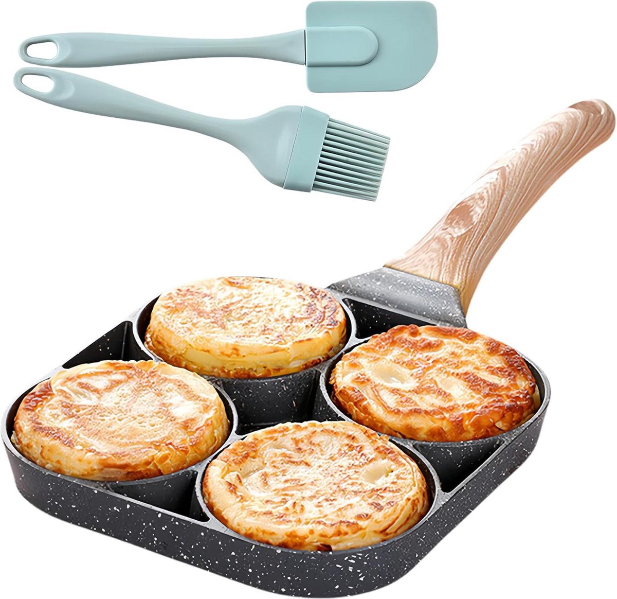 Pannenkoekenpan - 4 gaten - antiaanbaklaag - eierpan - siliconen borstel - ontbijt - spiegelei - hamburger - inductiekookplaat - gasfornuis
