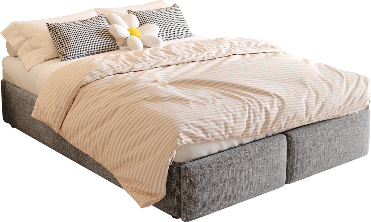 Merax 140x200 cm Gestoffeerd Tweepersoonsbed - Opbergbed met Hydraulisch Opbergsysteem en 2 Lades - Grijs