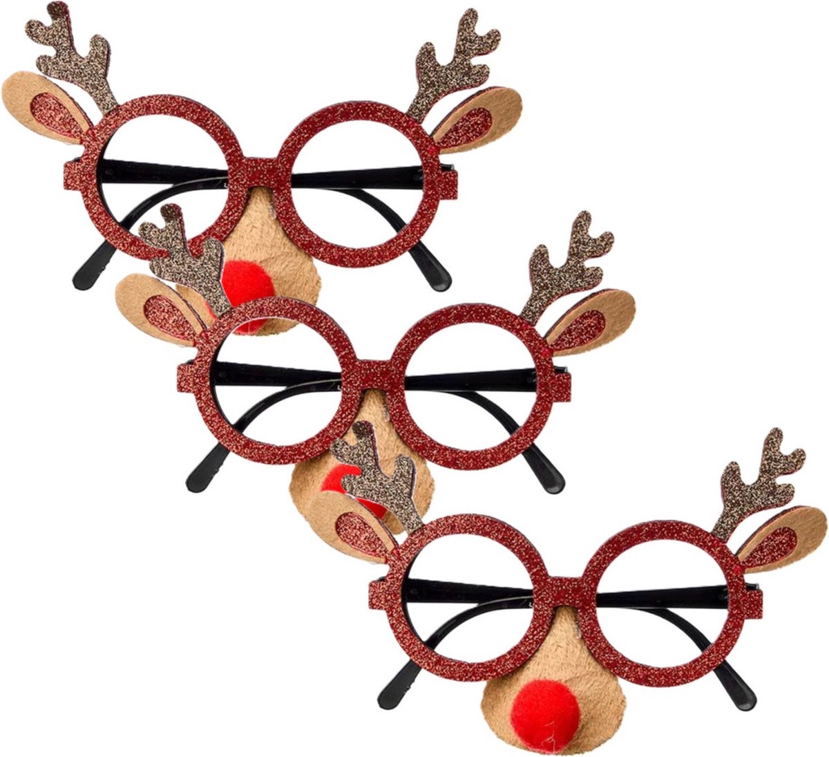Krist+ Rendier feestbrillen- 6x - met neus - bruin/goud - 15 cm - bril met neus - accessoires