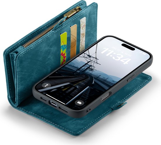 Étui portefeuille Solidenz iPhone 16 Pro Max - Porte-cartes - Poche zippée - Dragonne - Bleu