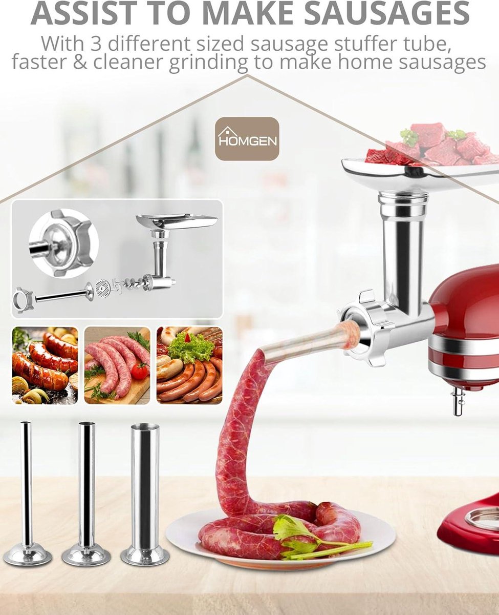 HOMGEN Vleesmolen Accessoires Keukenrobot KitchenAid Vleesmolen Beugel Met 3 Pijpen Worstvulling 2 Slijpplaten HOMGEN Vleesmolen Accessoires Keukenrobot KitchenAid Vleesmolen Beugel Met 3 Pijpen Worstvulling 2 Slijpplaten