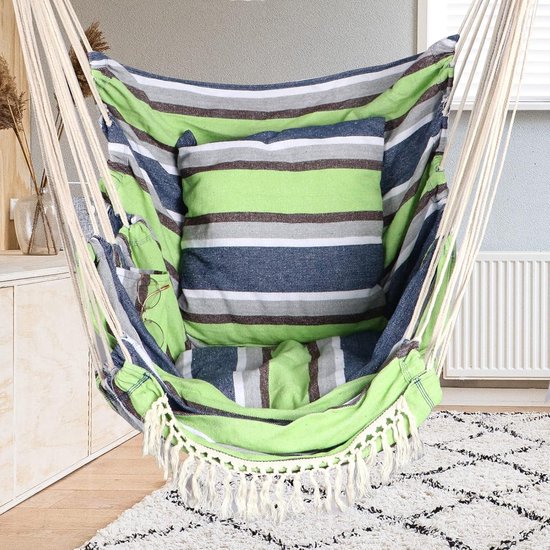 Chihee Hangende Stoelen Hangstoel Hangmat 2 Kussens Inbegrepen, Duurzame Hangende Katoenen Spreader Bar Weave Zij Zak Comfortabele Kuit Voet Stoel Set