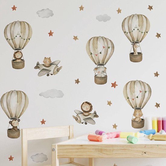 Sticker Muursticker chambre d'enfant |Montgolfière | les animaux | animaux de dessin animé | aquarelle | Autocollants autocollants | Chambre des enfants |Chambre de bébé | chambre à coucher | Fille | Garçon | Décoration | Stickerkamer®