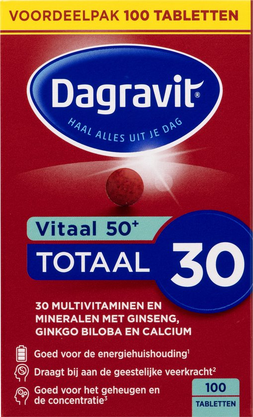 Verpakking Dagravit Vitaal 50+ Totaal 30 multivitaminen en mineralen met ginseng biloba en calcium. 100 tabletten.