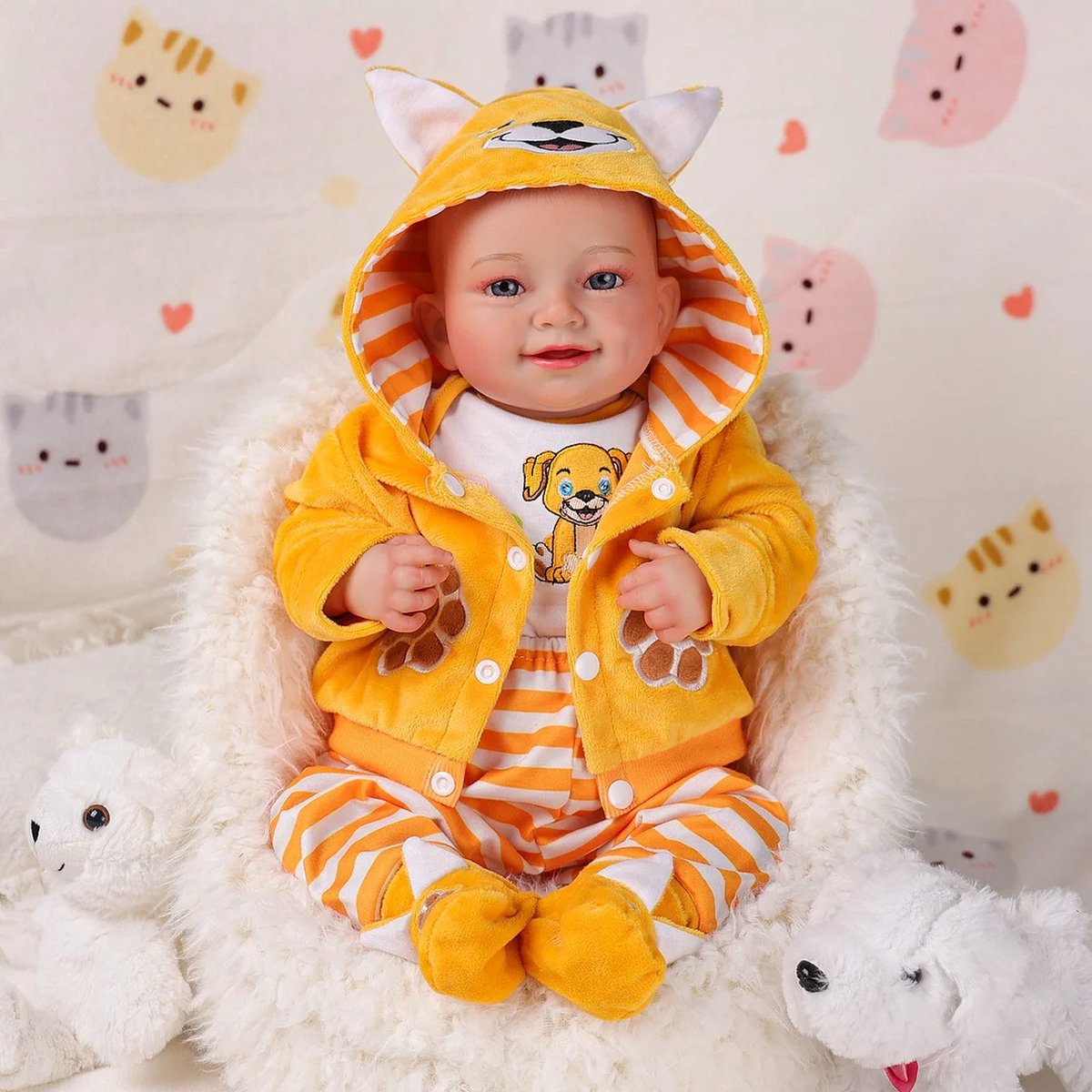 Babeside Reborn baby pop 'Elliot' 50 cm Soft vinyl Vrolijke gele outfit in hond thema Romper shirt broek vest sokjes luier fles speen rammelaar In geschenkdoos