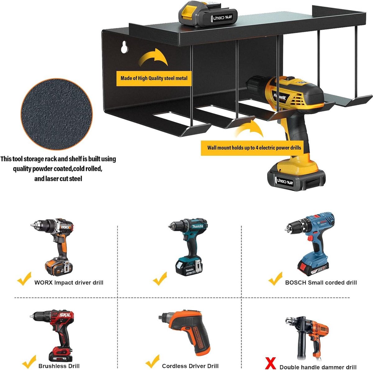 Support Mural Pour Outils Électriques - Organiseur Perceuse/Visseuse, 3 Niveaux, Charge 64kg - Noir