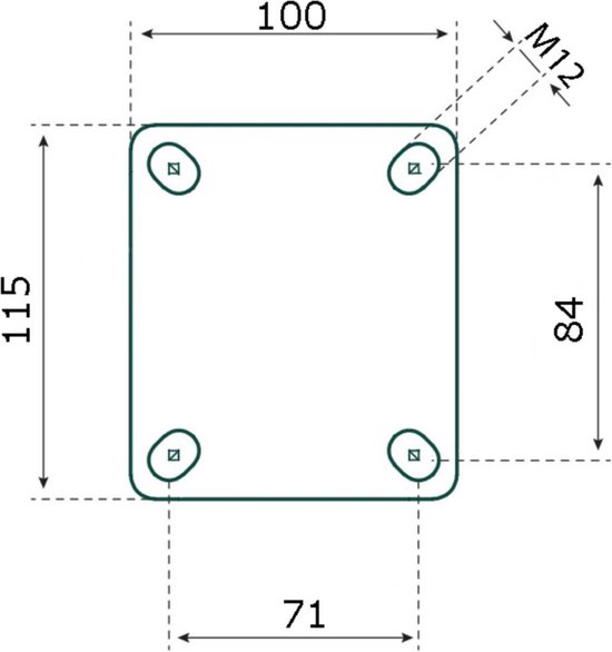 Technische tekening van de montageplaat van een zwenkwiel met afmetingen: 100x115mm, boutgaten M12, 71x84mm hart-op-hart.
