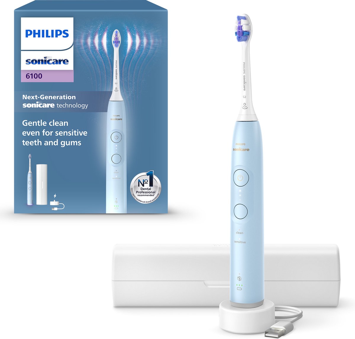Philips Sonicare 6100 series - Elektrische Tandenborstel – Lichtblauw - Sensitive opzetborstel – Reisetui - Gevoelige tanden - HX7406/02