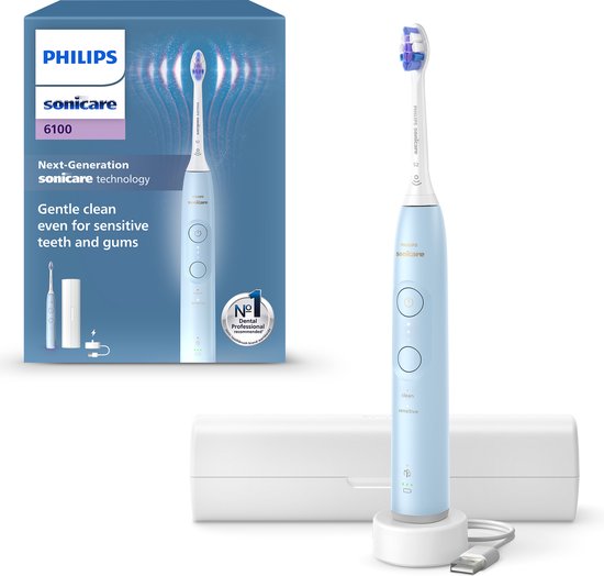 Philips Sonicare 6100 series - Elektrische Tandenborstel – Lichtblauw - Sensitive opzetborstel – Reisetui - Gevoelige tanden - HX7406/02