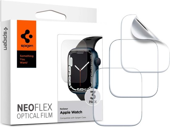 Verpakking van Spigen NeoFlex Optical Film screenprotectors voor Apple Watch.