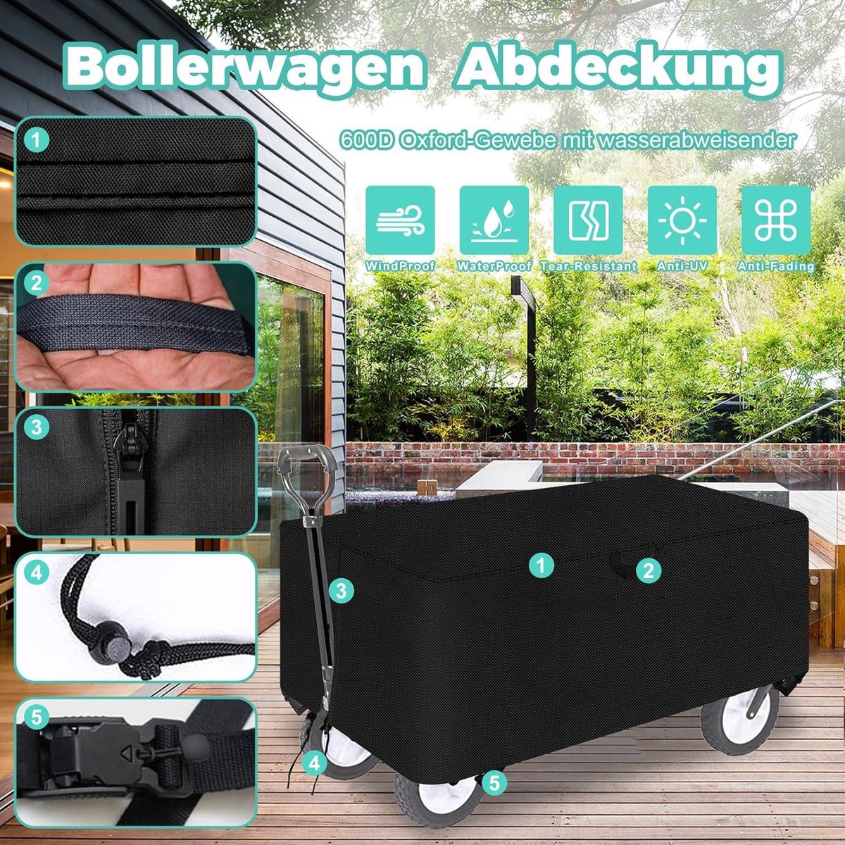 AXPQHL Bolderkarhoes, hoes voor trolley, 600D Oxford-stof, transportwagenhoes voor opvouwbare bolderkar, winddicht, uv-bestendig, zwart, 97 x 51 x 56 cm