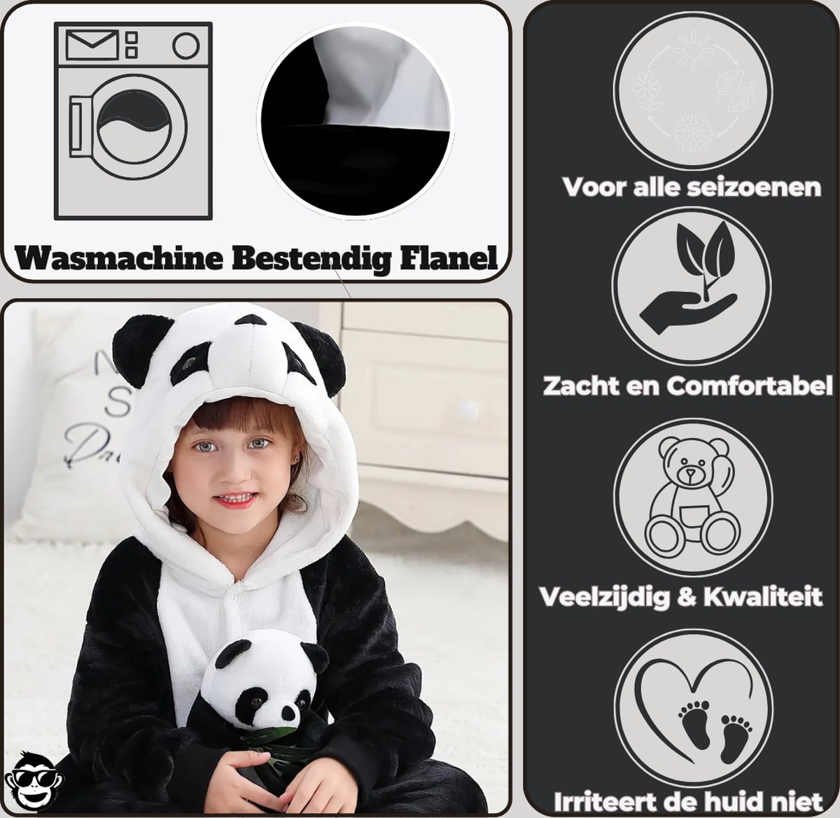 BoefieBoef Dieren Onesie Verkleedkleding Kinderen jaar – Comfortabele Kostuum Pyjama – tot 160 – Dierenpak voor Jongens en Meisjes – Carnaval of Dierenpak - Verkleedkleding - Kerst- of Verjaardag Cadeau - Panda wit zwart — afbeelding 3