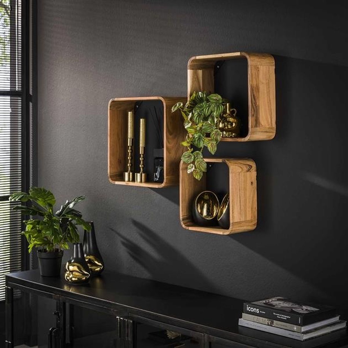 PS-Collection Vierkante Set van 3 Wandschappen - 40x15x40 cm - Naturel - Acaciahout - wandplank - wandrek industrieel - wandrek metaal zwart - wandrek rond - wandrekken - wandplank zwevend - wandplank hout - wandkubus - boekenplank Bruin