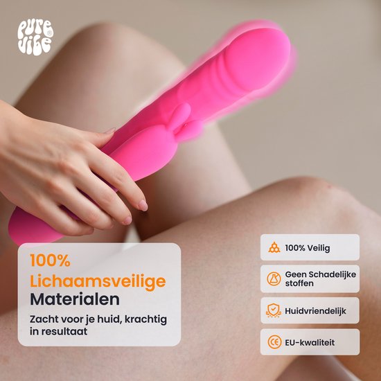 Close-up van een vrouwelijk lichaam met een roze vibrator, met tekst over lichaamsveilige materialen.