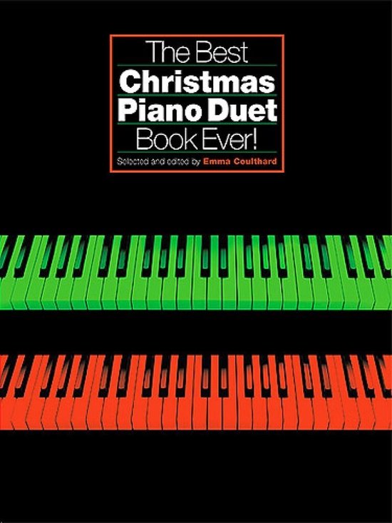 De cover van 'The Best Christmas Piano Duet Book Ever!' met een zwarte achtergrond en een gestileerde piano toetsenbord in felgroen en oranje.