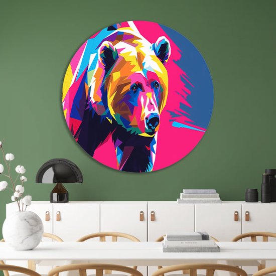 Assiette murale ours - Cercle mural Animaux - Tableau Formes géométriques - Décoration murale moderne - Tableau Dibond - Décoration chambre cercle mural aluminium 80x80 cm