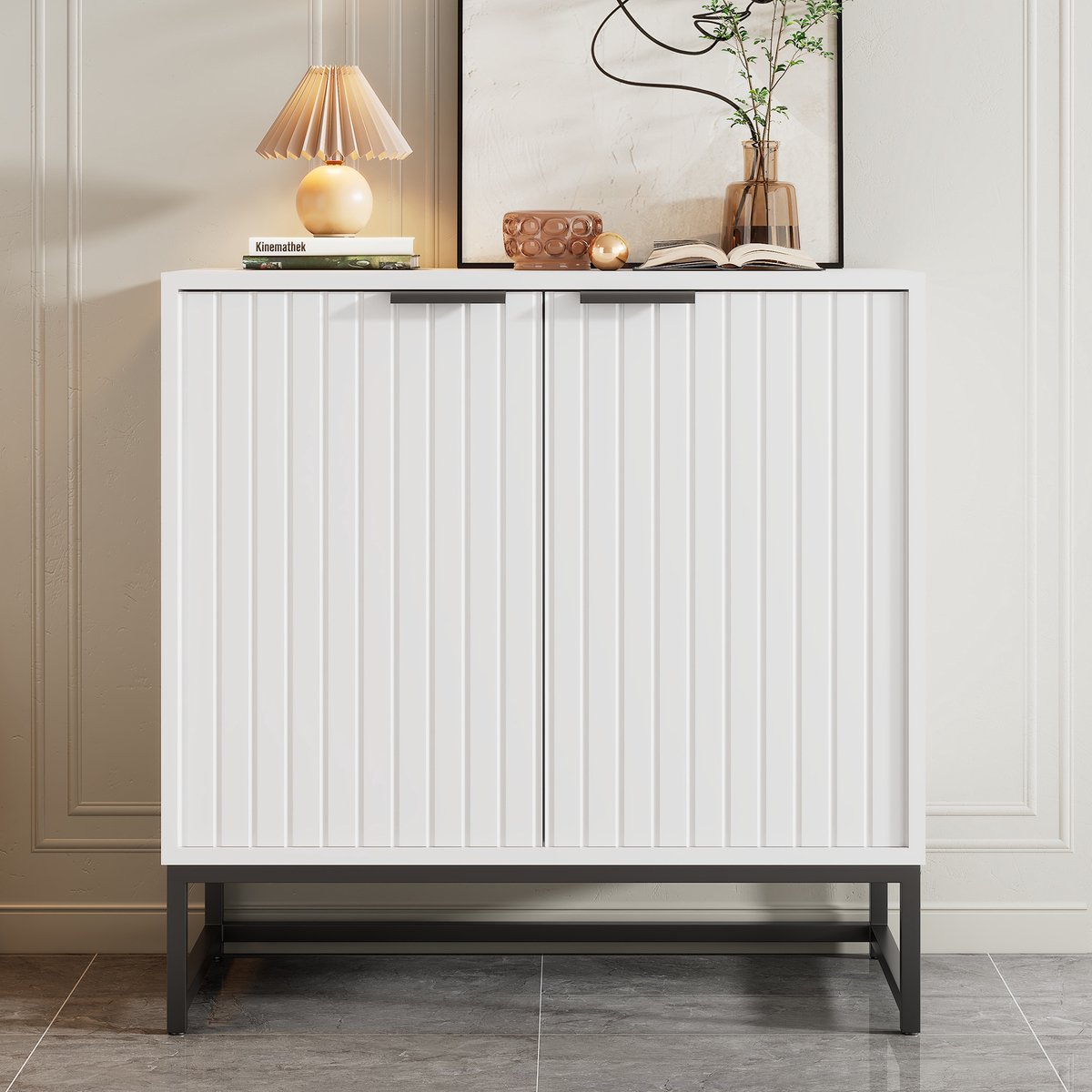 Gutent Moderne Buffetkast, Wit, Dubbeldeurs Vacuüm gegoten, Opbergkast met metalen handgrepen en framepoten, geschikt voor woonkamer, hal en eetkamer, afmetingen: B80/T40/H80 cm