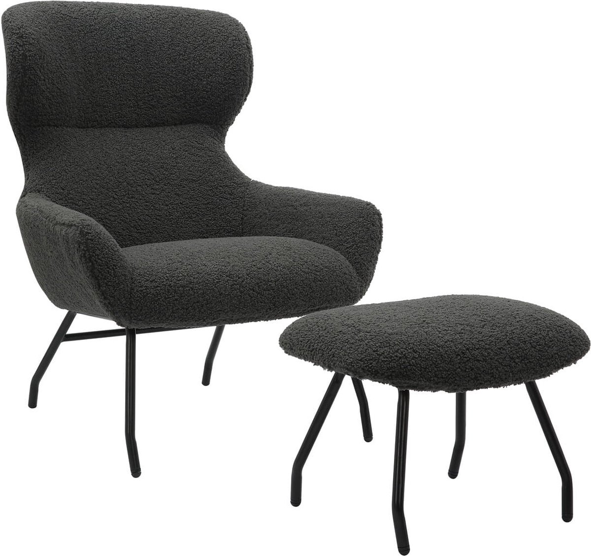 Fauteuil en poef Kaya Antraciet - Teddy - Zithoogte 45 cm - Zitdiepte 51 cm