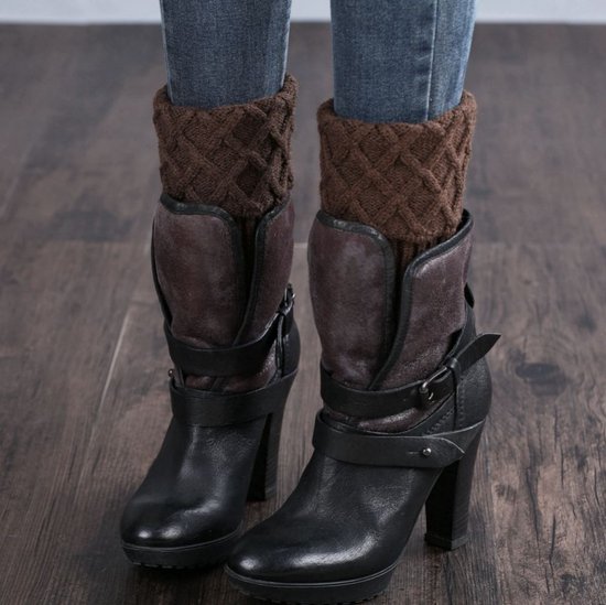 Lot de 2 paires de chaussettes tendance en tricot pour femme - Jambières d'hiver en crochet - Jambières en laine tricotée - Chaussettes courtes en maille losange - Marron foncé + noir - 15 cm