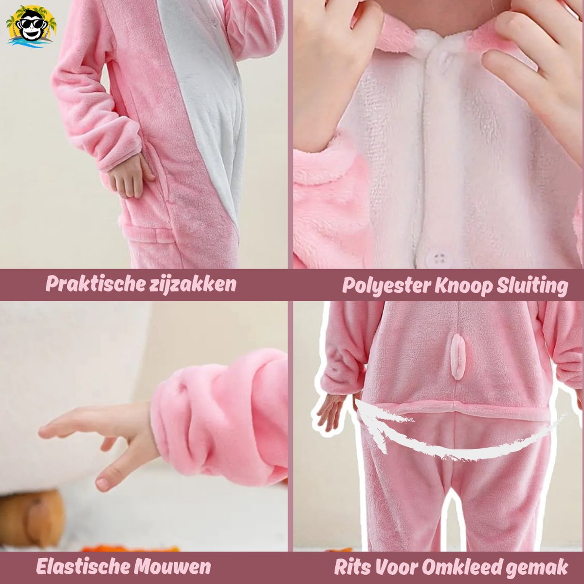 BoefieBoef Dieren Onesie Verkleedkleding Kinderen – Comfortabele Kostuum Pyjama – tot 140 – Dierenpak voor Jongens en Meisjes – Feest, Carnaval Verkleedkleding - Kerst, Dierenpak - of Verjaardag Cadeau - Konijn Roze — afbeelding 5