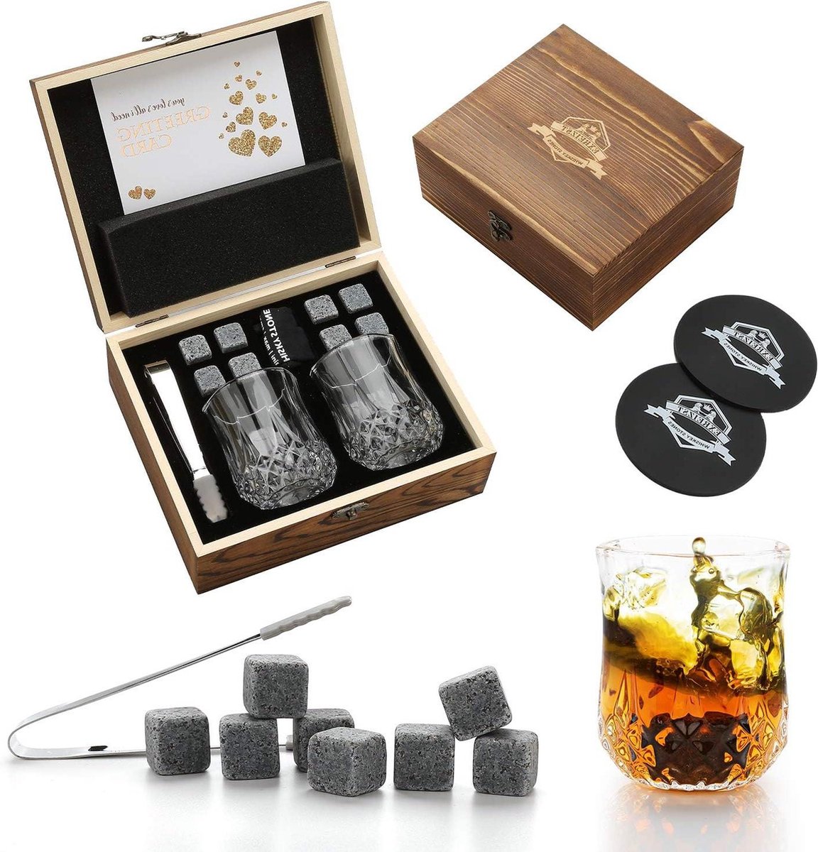 Whiskey Stones cadeauset - herbruikbare koelende whiskyrotsen - opbergzakje - cadeau voor heren dames vader getuige - whisky accessoires - ijsklem - wijnflesschenker drank & baraccessoires
