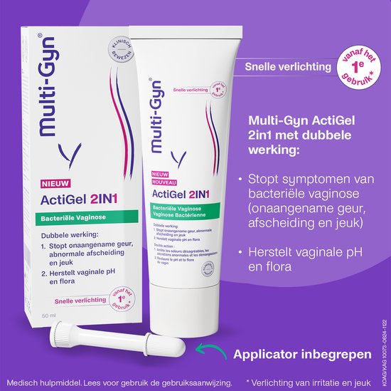 Multi-Gyn Actigel 2 in 1, 50 ml - Vaginale behandeling tegen bacteriele vaginose, Herstelt pH waarde voor Vaginale Gezondheid, Intieme Hygiene tegen vaginale geur, abnormale afscheiding en jeuk, Directe werking, Klinisch bewezen, incl. applicator