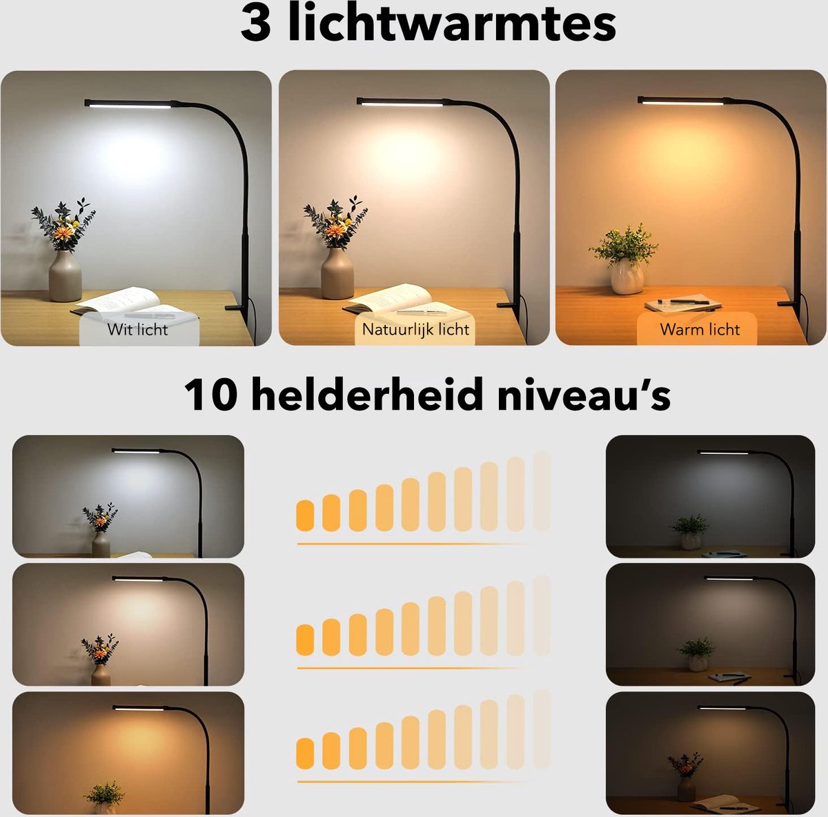 Vicon Bureaulamp LED Dimbaar - 3 Kleuren licht - Met Klem - Klemlamp - Leeslamp - Tafellamp - Bedlamp - Hobbylamp thumbnail 3