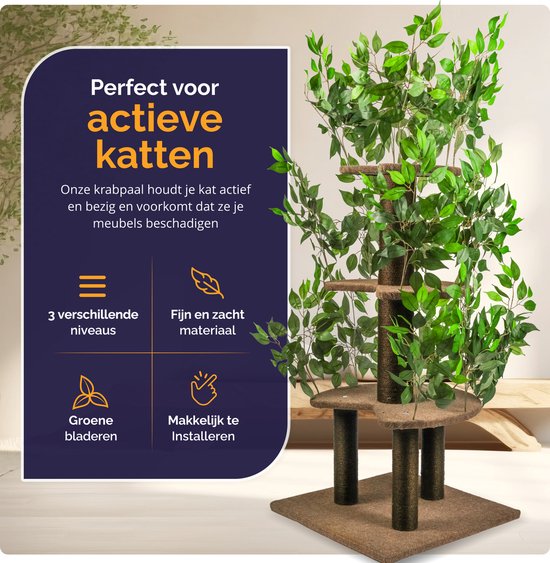 Kattenboom met bruine krabpalen en groene bladeren. "Perfect voor actieve katten" staat erop.