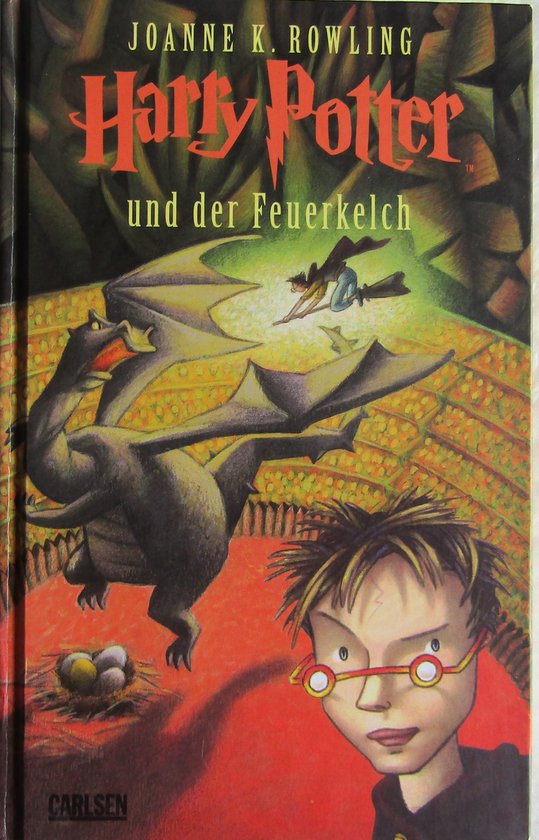 Harry Potter und der Feuerkelch boekomslag met Harry, een draak, en een vliegende figuur op een bezem.