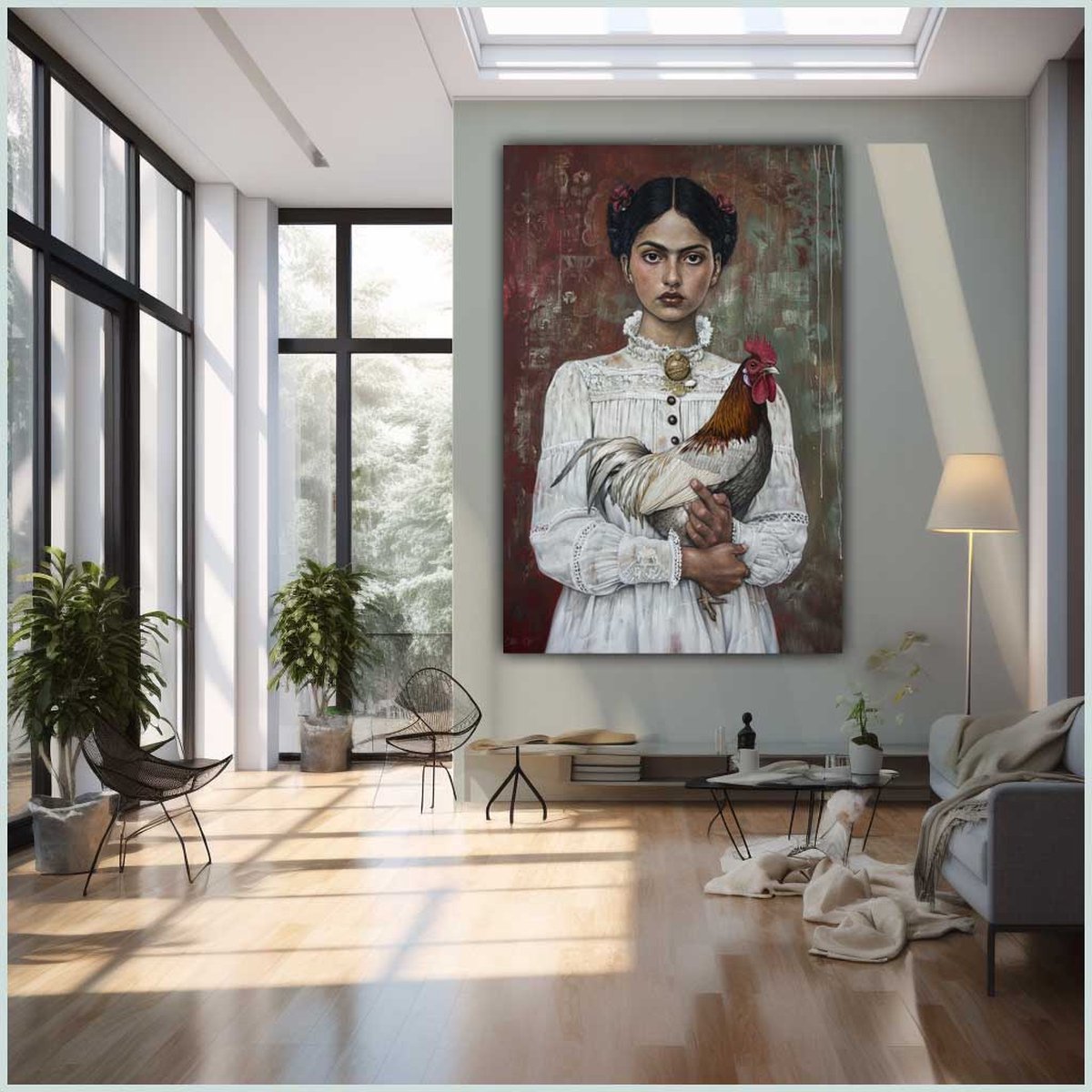Canvas schilderij - Canvas - Staand - 50 x 70 cm - Portret - Vrouw - Dier - Haan - Kunst - Stijl Frida Kahlo - Mexicaans - Wanddecoratie - Muurdecoratie woonkamer - Uniek - Exclusief -Picturetopicture