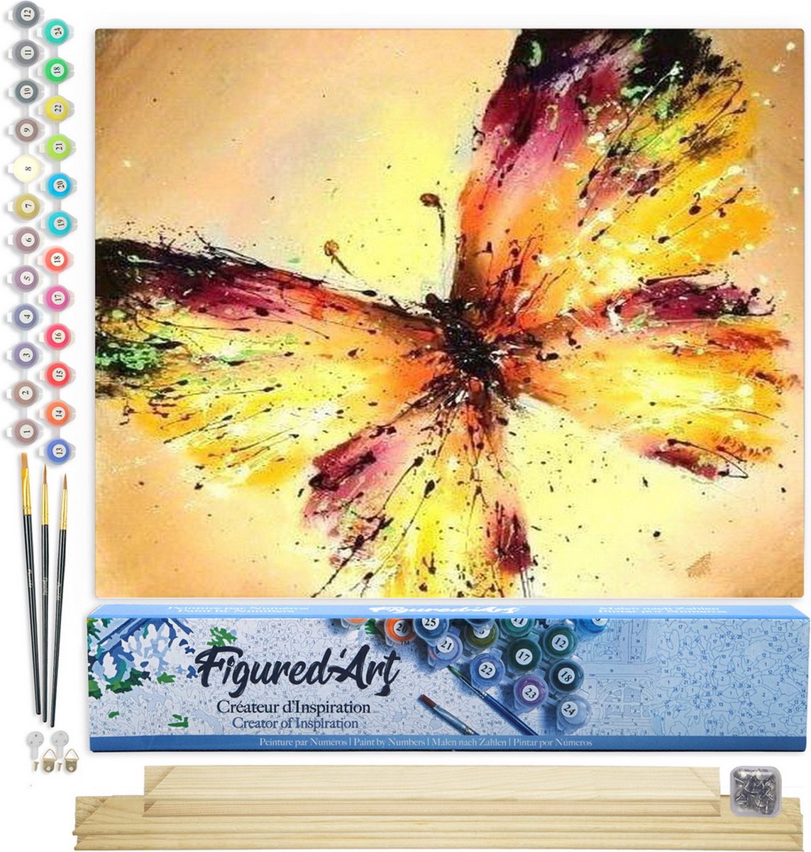 Figured'Art Schilderen op Nummer Volwassenen canvas Heldere kleuren Vlinder - Handwerk acrylverf Kit DIY Compleet - 40x50cm met DIY houten lijst