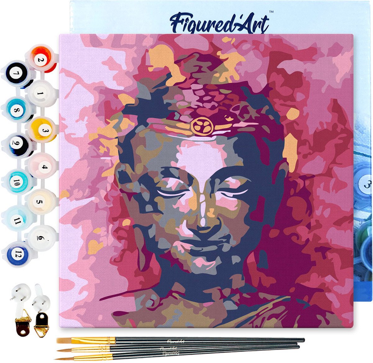 Figured'Art Mini Schilderen op Nummer Volwassenen 20x20cm met lijst Kostbare Boeddha - Klein Formaat Creatieve Hobby Kit DIY Art Nummer Compleet