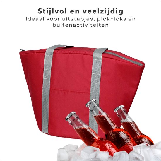 Cheqo® Geïsoleerde Koeltas - 22,3 liter - Rood - Isolerend - Thermische Binnenkant - Dubbel Handvat - Rits - 18,5 x 18 cm - Verstevigde Bodem - Voor Picknick & Boodschappen van Cheqo — afbeelding 5