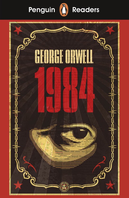 Couverture du livre "1984" de George Orwell, avec un cadre brodé, des yeux stylisés et des étoiles rouges.