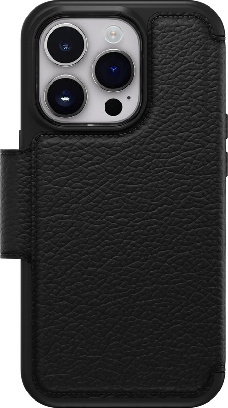 Zwarte Otterbox Strada bookcase met lederen textuur, met de camera-uitsparing zichtbaar.