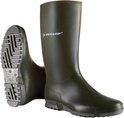 Donkergroene Dunlop regenlaarzen met profielzool en Dunlop logo.