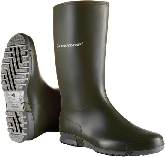 Donkergroene Dunlop regenlaarzen met profielzool en Dunlop logo.