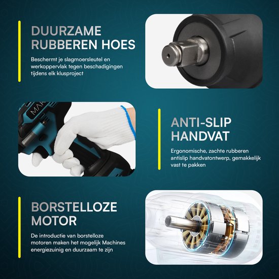 Makr slagmoersleutel met duurzame rubberen hoes, anti-slip handvat en borstelloze motor.