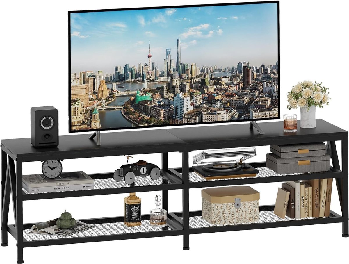 JGS® - Industrieel Design TV-meubel voor Grote Schermen tot 70 Inch, Met Ruime Open Vakken, Stalen Frame, Zwart-