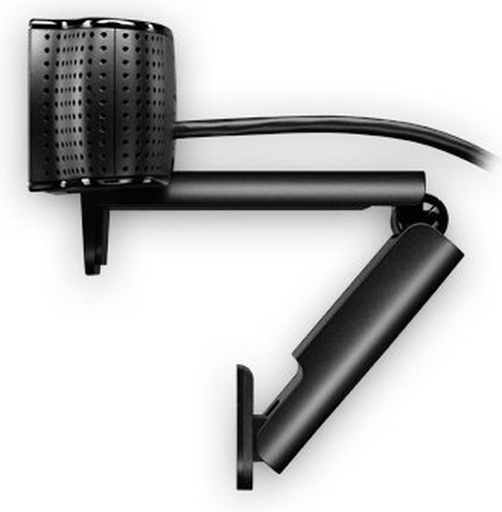 Vue latérale de la webcam Logitech C920 noire, debout sur son support pliable.