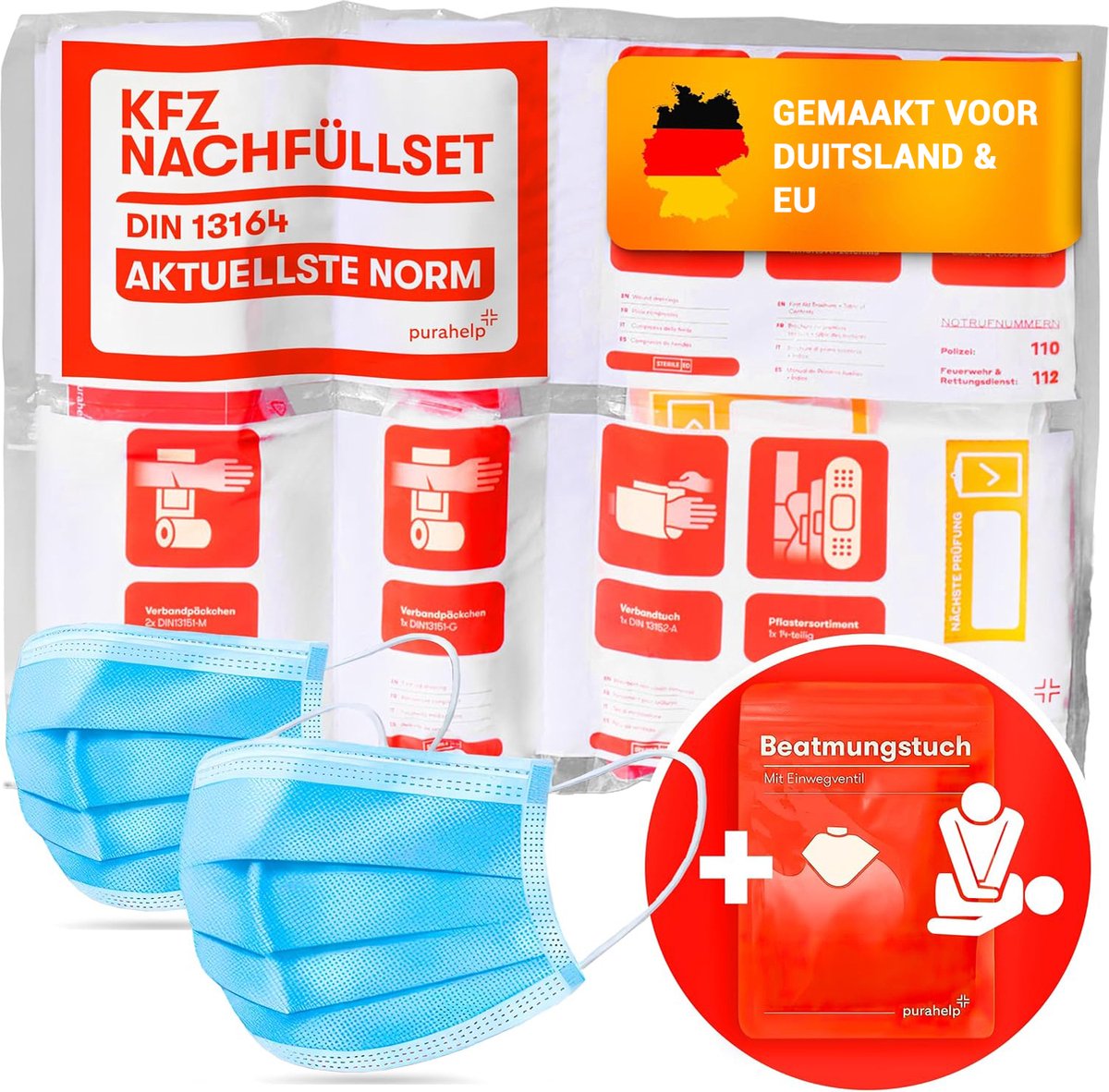 Goedkoopste PURAHELP KFZ Navulling DIN 13164 volgens norm 2025 (StVO-conform) - Inclusief ademhalingsdoek - Eerste hulp set auto verbanddoos auto 2025