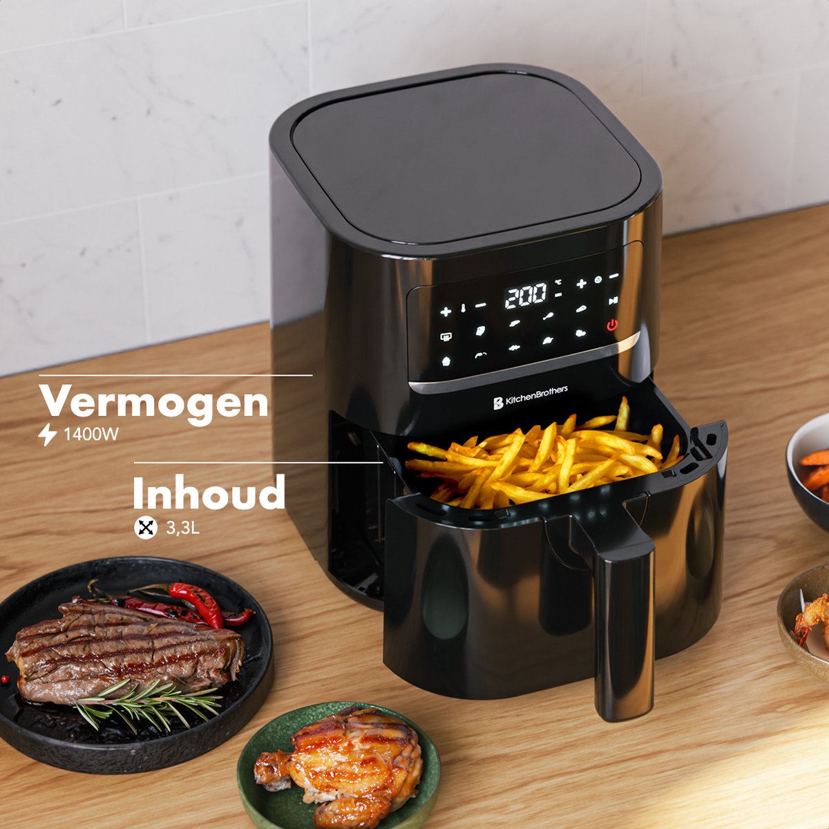 KitchenBrothers Mini Airfryer - 3,3 Liter - 1400W - PFAS-Vrij - 50ºC tot 200ºC - Kleine Heteluchtfriteuse voor 1, 2 en 3 Personen - 10 Kookprogramma's - Zwart — afbeelding 4
