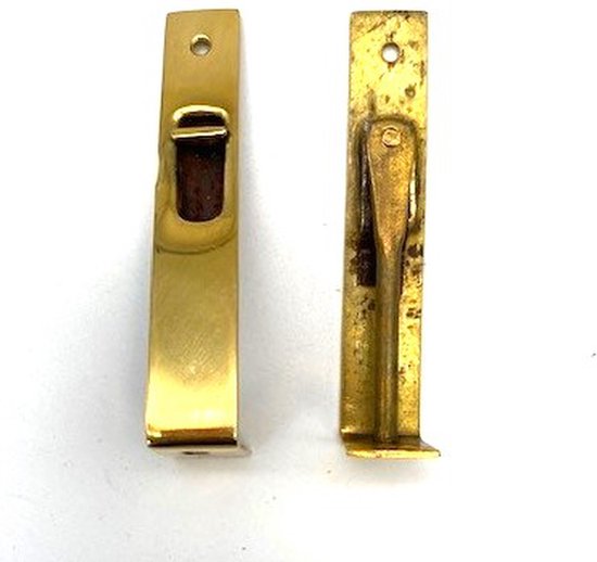 Twee antieke messing kantschuiven van 14x72mm met een gat voor bevestiging.