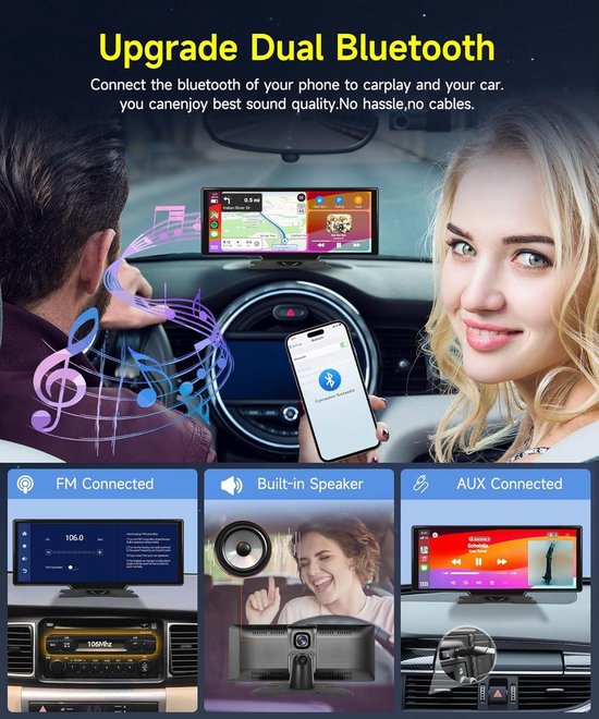 Podofo Draadloos CarPlay-scherm 9,3 Inch Met 2K Dashcam En Achteruitrijcamera – Voor Alle Auto's