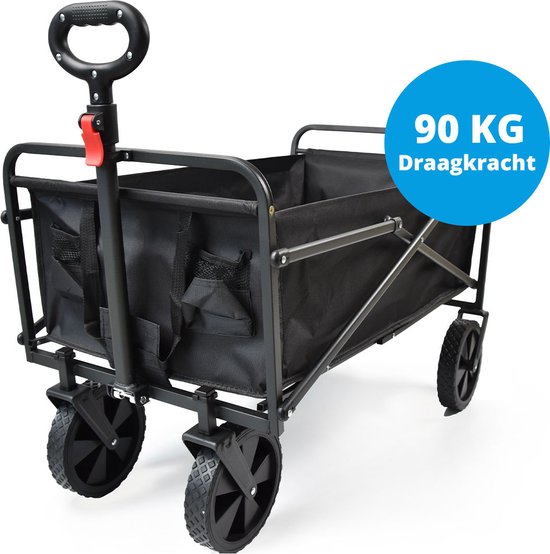 FlinQ Bolderkar tot 90 KG - Opvouwbaar - Strandkar met Duwstang - Inklapbare Bolderwagen voor Strand - 100L Inhoud met Draaibare Wielen - Zwart