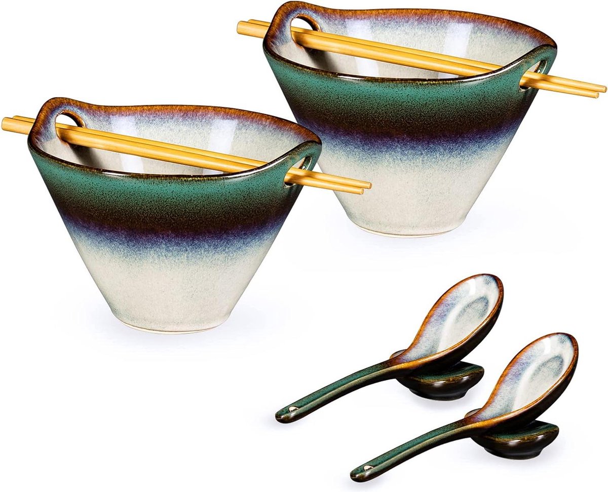 Ramen Bowl keramische komset 600 ml set van 2 soepkommen noedels eetstokjes lepel Japans servies Aziatische levensmiddelen gradient groen
